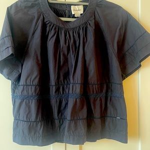 STEVEN ALAN Navy Blue Cotton Top with sleeve and bodice lace inserts Sz Small